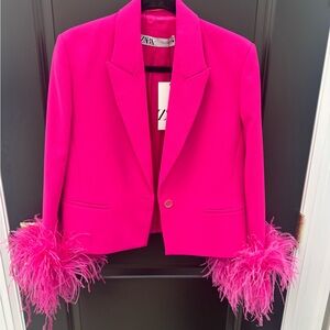Zara Fuchsia Blazer with Feathered Cuffs